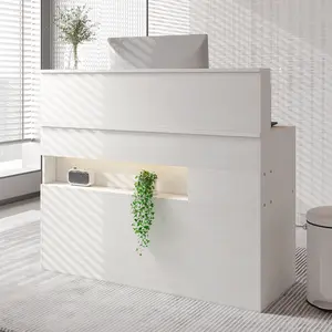 Modern White Reception Desk with 15 Colors LED Stripes, Retail Counter with Power Outlets USB, Wood Workstation Storage Drawer for Salon Checkout Lobby Beauty Shop