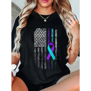 🎉 100% Cotton Suicide Prevention Awareness American Flag Ribbon Support T-Shirt