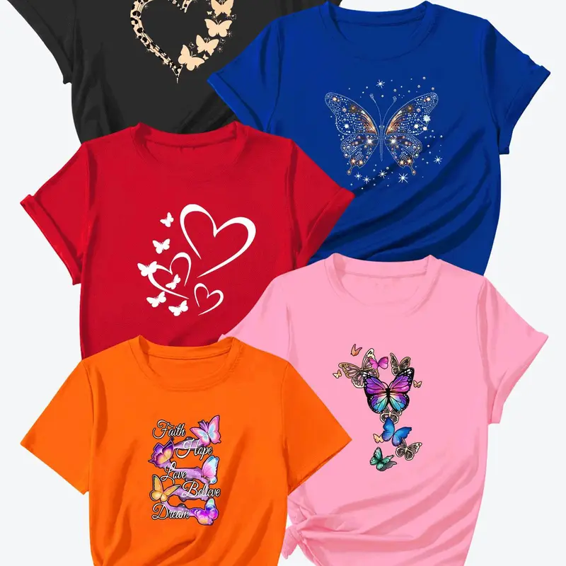 Summer New Trendy Butterfly Print, Casual Loose Short Sleeve Women's Clothes Top, 5 Pcs Set, Comfortable Polyester, All Seasons