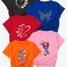 Summer New Trendy Butterfly Print, Casual Loose Short Sleeve Women's Clothes Top, 5 Pcs Set, Comfortable Polyester, All Seasons