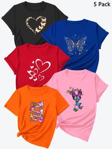 women's butterfly & letter print round neck tee, casual short sleeve crew neck t-shirt for daily wear, ladies sportswear for all seasons, top, sports clothing