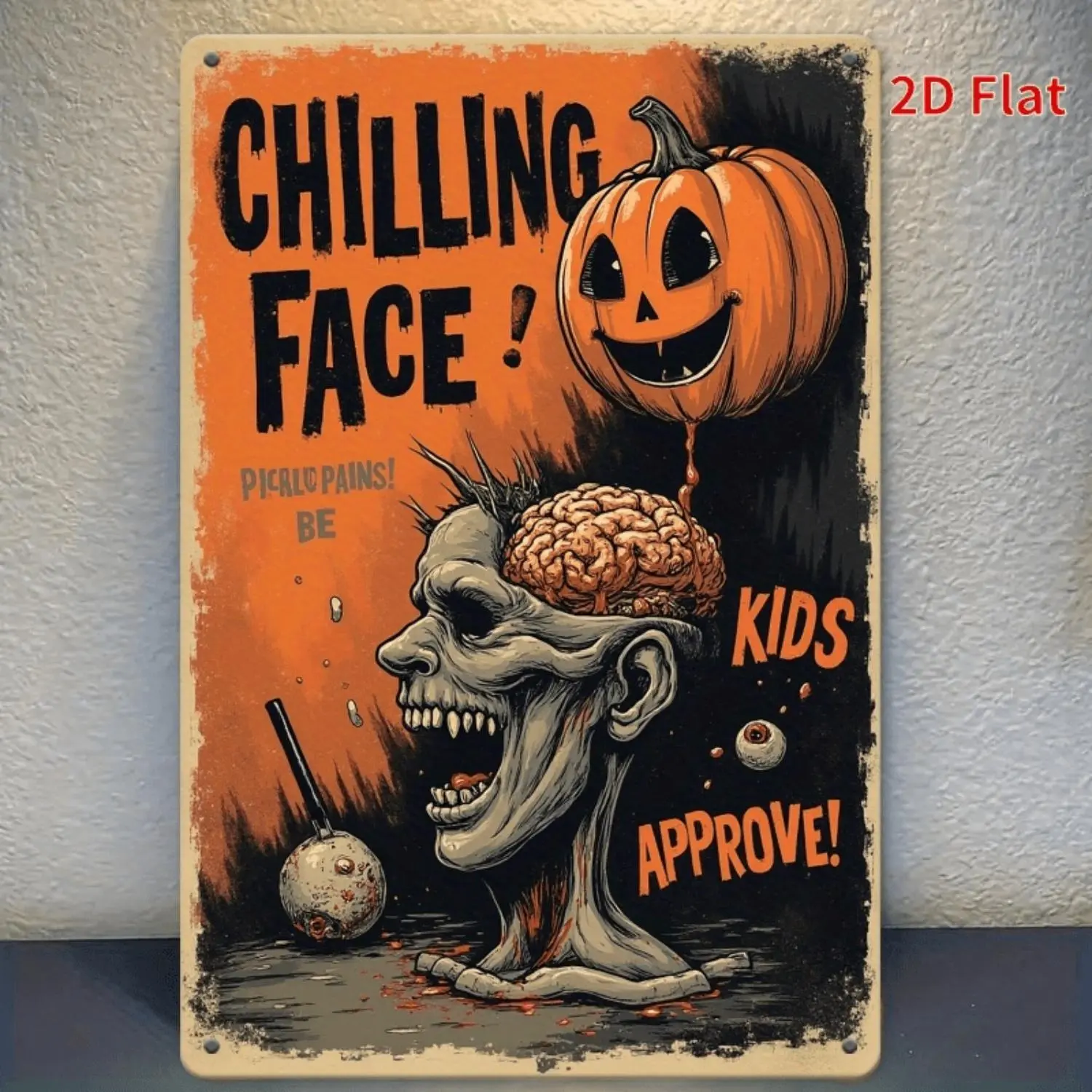Vintage Halloween Zombie Face Poster Vertical Iron Sheet Painting with Pumpkin and Funny Quote "FREE PILKS BE KINDS APPROVED" Large 7.87x11.8 Inch Retro Horror Decor for Indoor Outdoor Garage Kitchen Party Spooky Halloween Gift