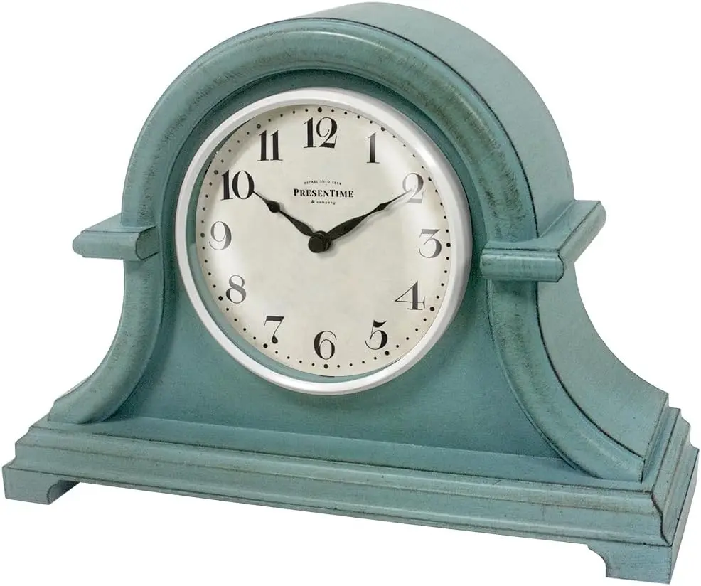 Mantel Clock Vintage Farmhouse Series, Napoleon Desk & Shelf Clock, 13 x 10 inch, Domed Lens, Quartz Movement, ABS Plastic Case, Aged Teal Finish (Home/Tabletop Decoration)