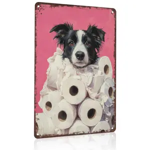 8x12 Inch Aluminum Metal Sign - Funny Border Collie In Toilet Paper Mess Bathroom Decor |   Perfect for Home, Dog Lovers' Space, Man Cave, and Guest Restrooms |   Vibrant Oil Painting Style Tin Plaque, Easy to Hang, Hilarious Pet Humor Art