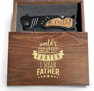 Folding Pocket Knife w/Laser Engraved Wooden Handle and Gift Box, Folding Pocket Hunting Kinife for Dad, Knife for Fathers Day
