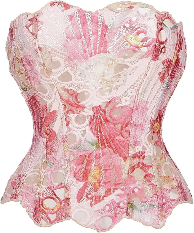 Women's Fashion Formal Casual Floral Corset Top Bustier - Adjustable Lace-Up Boned Shapewear with 14 Plastic Bones, Sleeveless Brocade Fabric Top for Cosplay, Party Wear