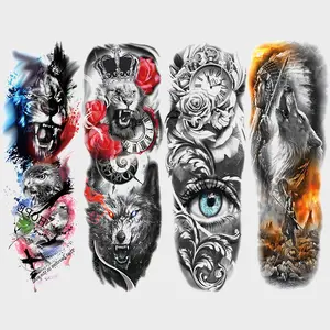 4 Sheets Tribal Full Arm Temporary Tattoo Stickers, Realistic Lion Wolf Eagle Clock Rose Designs, Waterproof Forearm Tattoos for Men Women