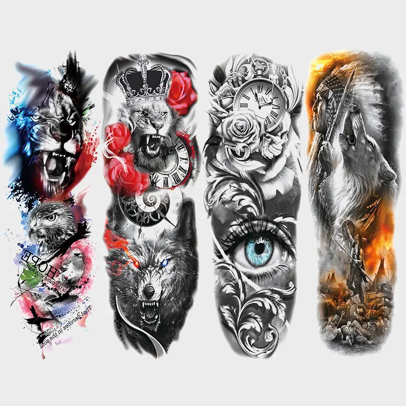 4 Sheets Tribal Full Arm Temporary Tattoo Stickers, Aesthetic Tattoo Merch, Realistic Lion Wolf Eagle Clock Rose Designs, Waterproof Forearm Tattoos for Men Women, Fake Tattoos