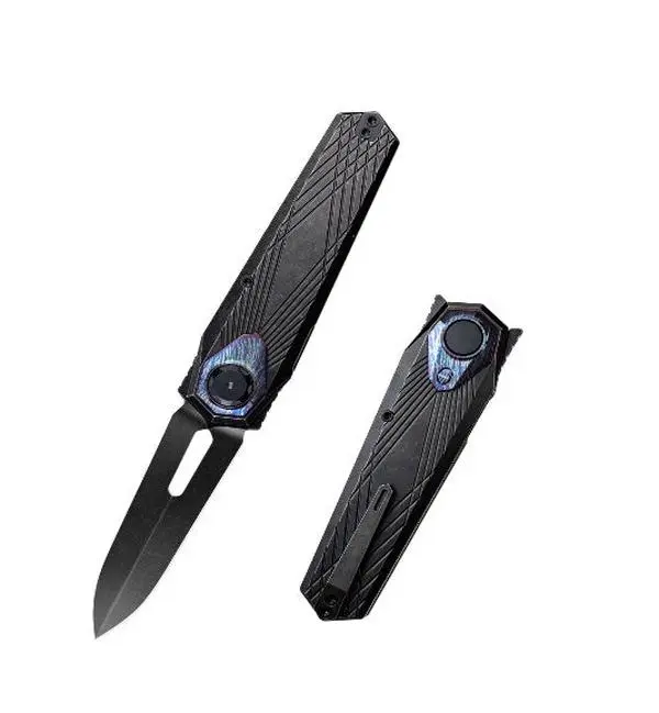 Remette Folding Knife – 3.15" Black Stonewashed M390 Dagger, Black Titanium Handle, Button + Liner Lock Knife - Portable Pocket Knife for EDC Users & Collectors - RT-Infinite Power RTIP-S