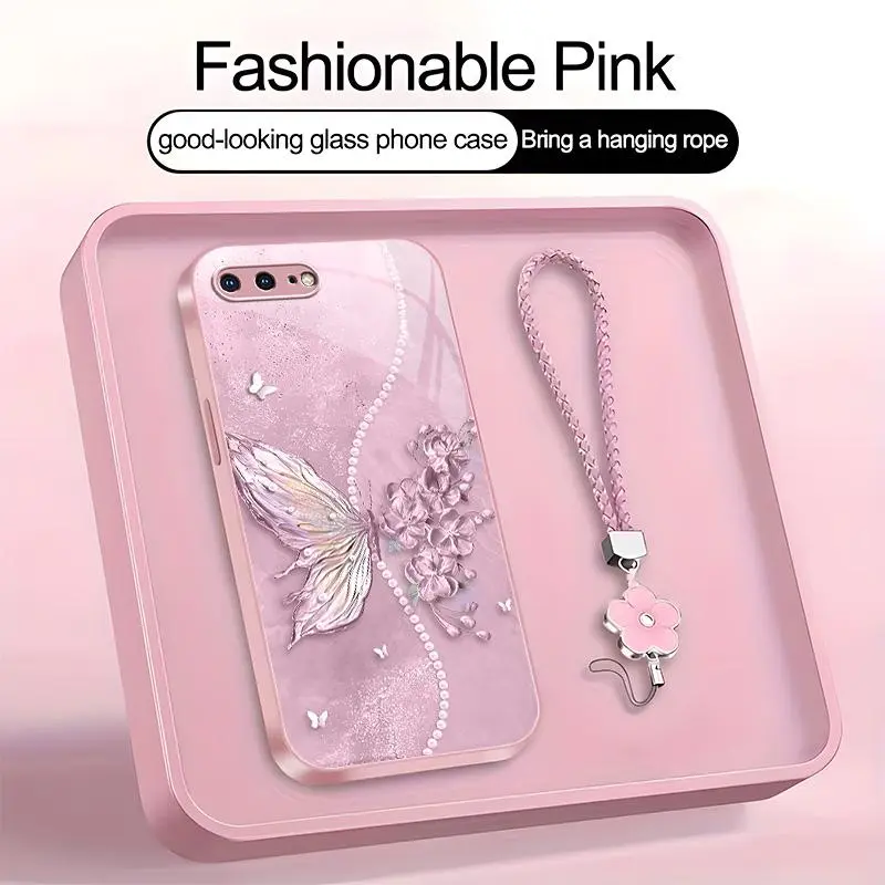 Suitable for [iPhone 8 Plus] high-end phone case，a beautiful four-leaf clover lanyard is included,exquisite and dreamy butterfly pattern,a variety of colors are available for you to choose from YM99