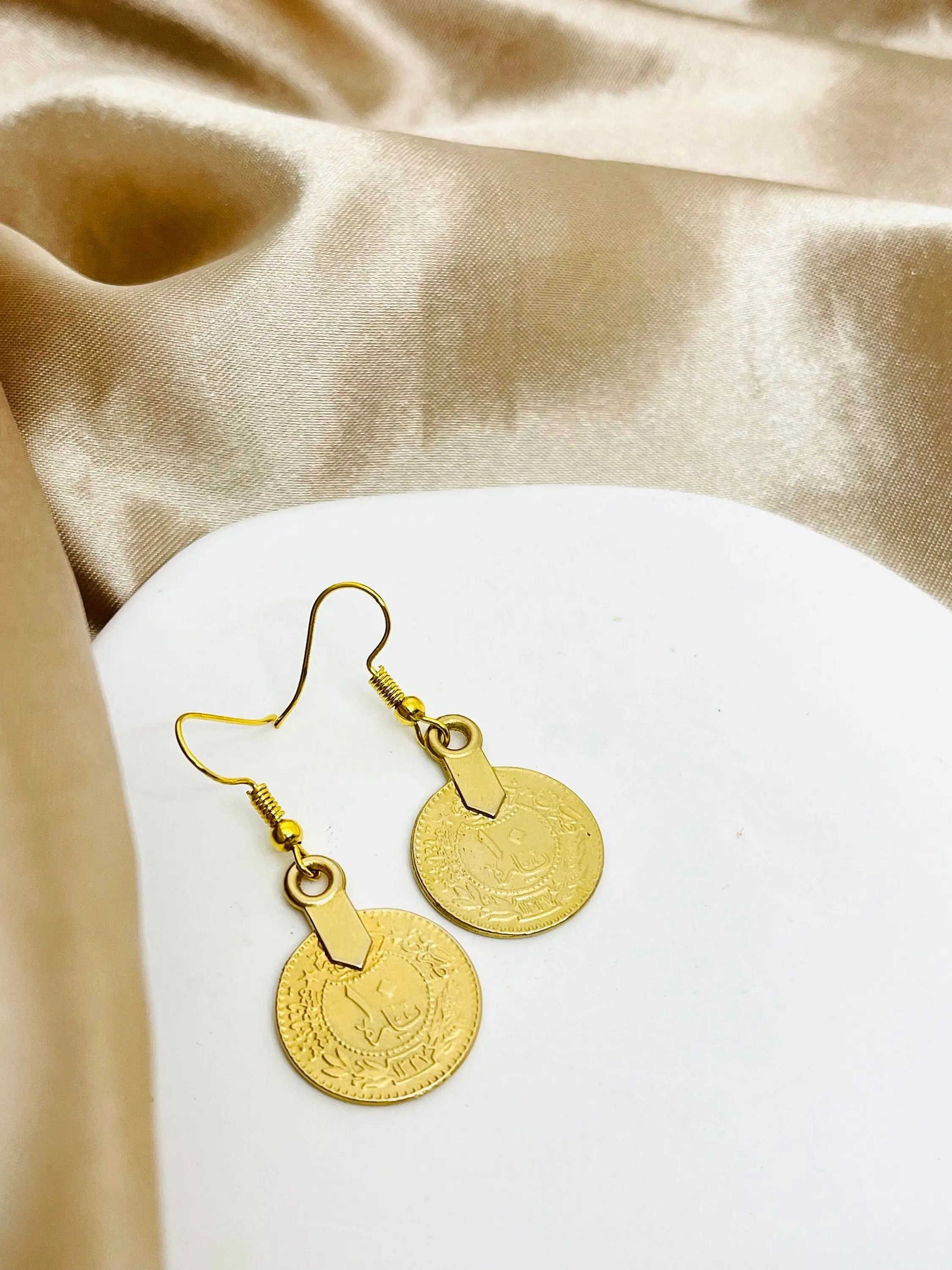 Ottoman Lira Plated Gold Earrings; Middle Eastern Dangle Earrings; Palestinian Coin Drop Earrings | حلق عثماني مطلي ذهب