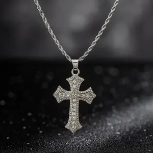 Stainless Steel Silver Gothic Cross Pendant Necklace Unisex – Twisted Rope Chain with Crystal Accents