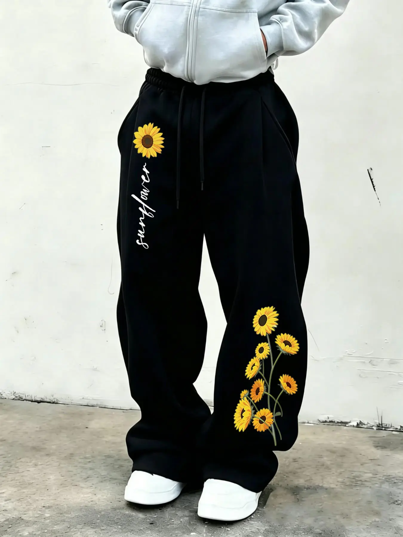 Sunflower Print Loose Fit Sweatpants, Floral Print Sweatpants, Men's American Street Style Wide Leg Sports Pants, Casual Fitness Pants, Casual Versatile Long Pants for All Seasons, Flower Power Sweatpants