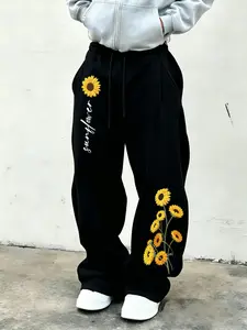 Sunflower Print Loose Fit Sweatpants, Men's American Street Style Wide Leg Sports Pants, Casual Fitness Pants, Casual Versatile Long Pants for All Seasons