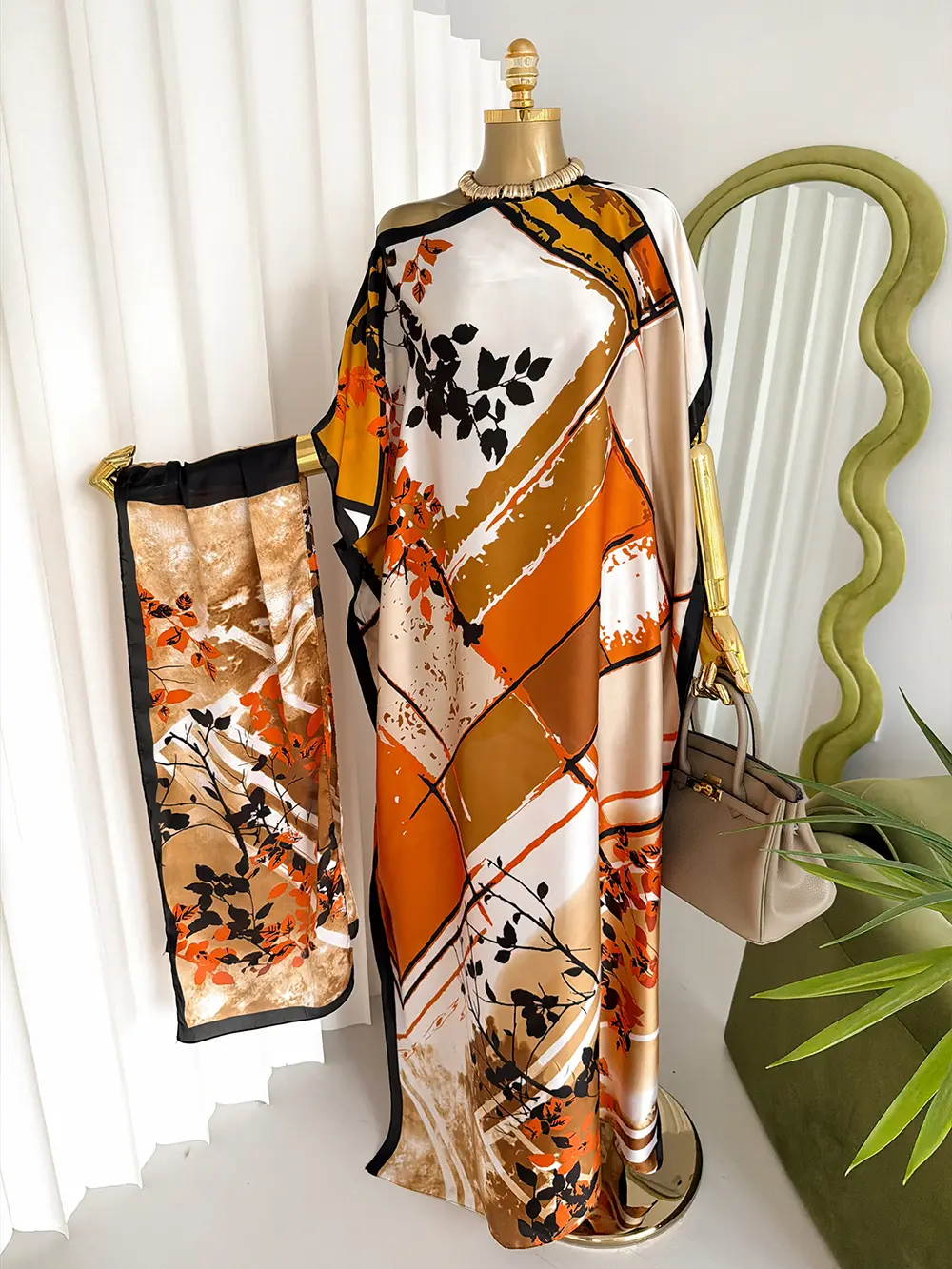 Warm Orange Floral & Geometric Kaftan Set Elegant Fall Floral Print Bubu Dress & Headwrap  Silky Smooth Flowy Dress for Resort or Lounge