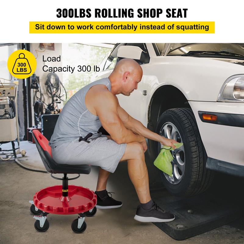 VEVOR Rolling Gear Seat, TikTokShopBlackFriday, 300LBS Capacity, 18"-23" Height Adjustable, Mobile Mechanic Garage Stool with Tool Tray and 5" Casters, Pneumatic Stool for Workshop, Garage, Auto Repair Shop