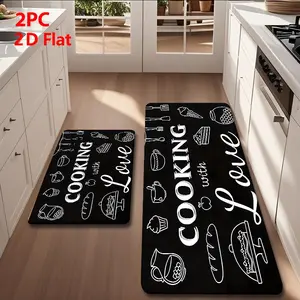 2pcs/3pcs Flannel Kitchen Mat Set, Kitchen Rugs, Base with Chalk Lines, Anti-Slip, Absorbent, Home Decor