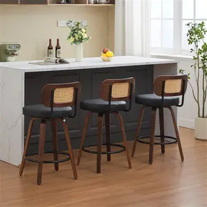 Swivel Bar Stools Set of 3, 26" Upholstered Counter Height Bar Stool with Back and Walnut Wood Legs, Faux Leather Barstools for Kitchen Island (Black)