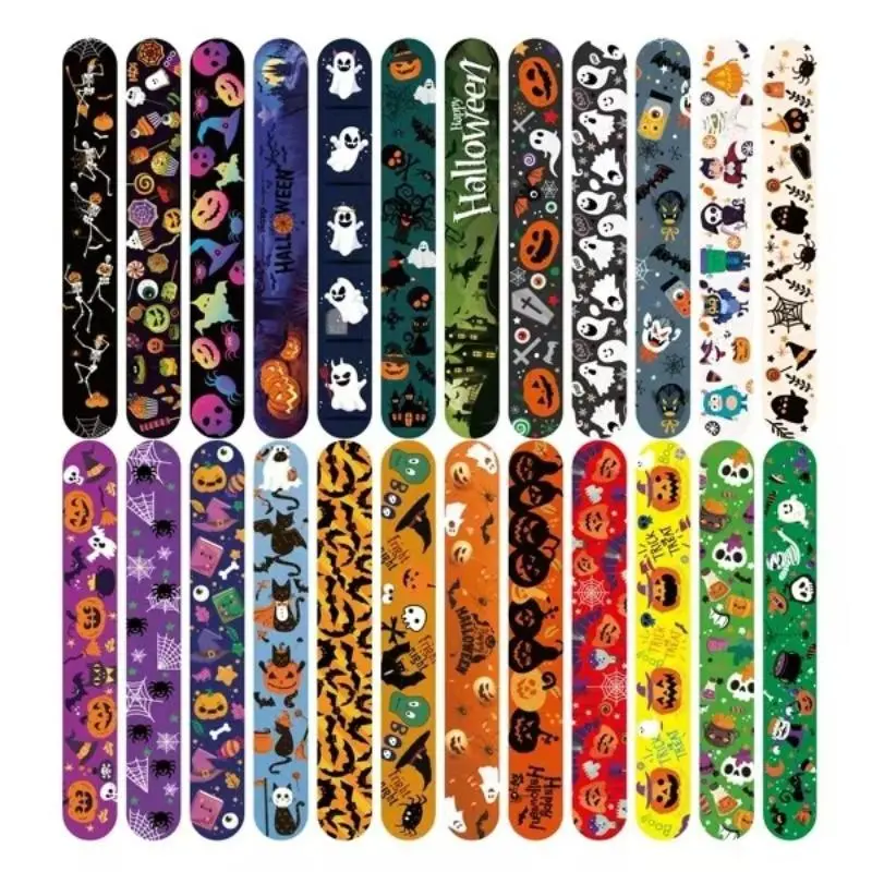 Random Color Halloween Themed Slap Bracelets, 24pcs/set Colorful Halloween Patterned Bracelet, Party Gift for Kids, Party Favors for Halloween Party