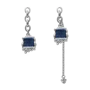 Shamrt Asymmetric design blue denim handmade earrings with a luxurious feel.