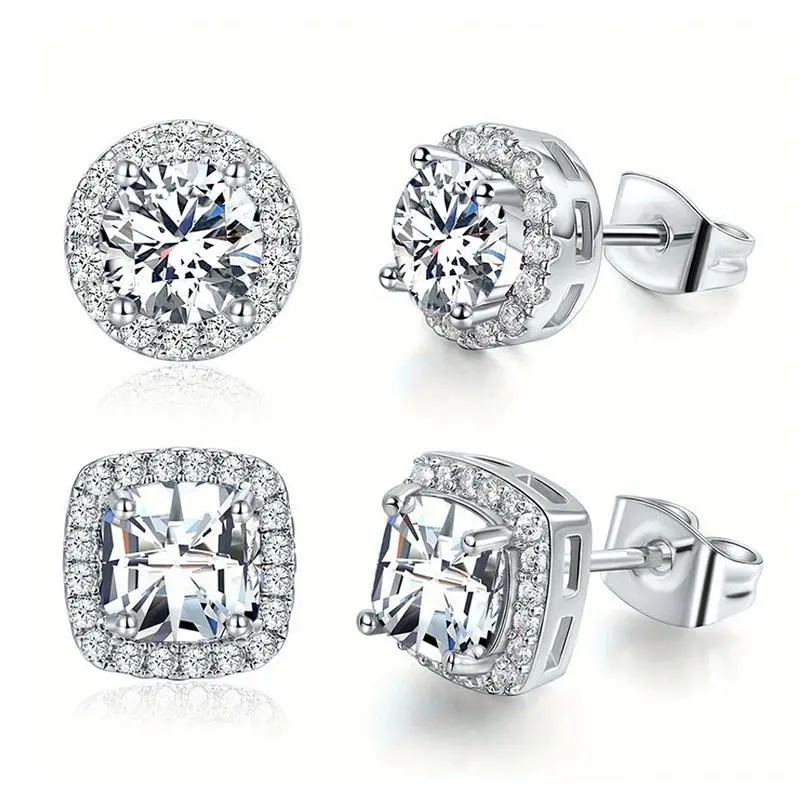 Moissanite Stud Earrings, 4-Piece 1CT Round & Square Cut Halo Set, Silver-Plated & Hypoallergenic for Unisex Daily Wear, Daily Wear Earrings, Moissanite Jewelry