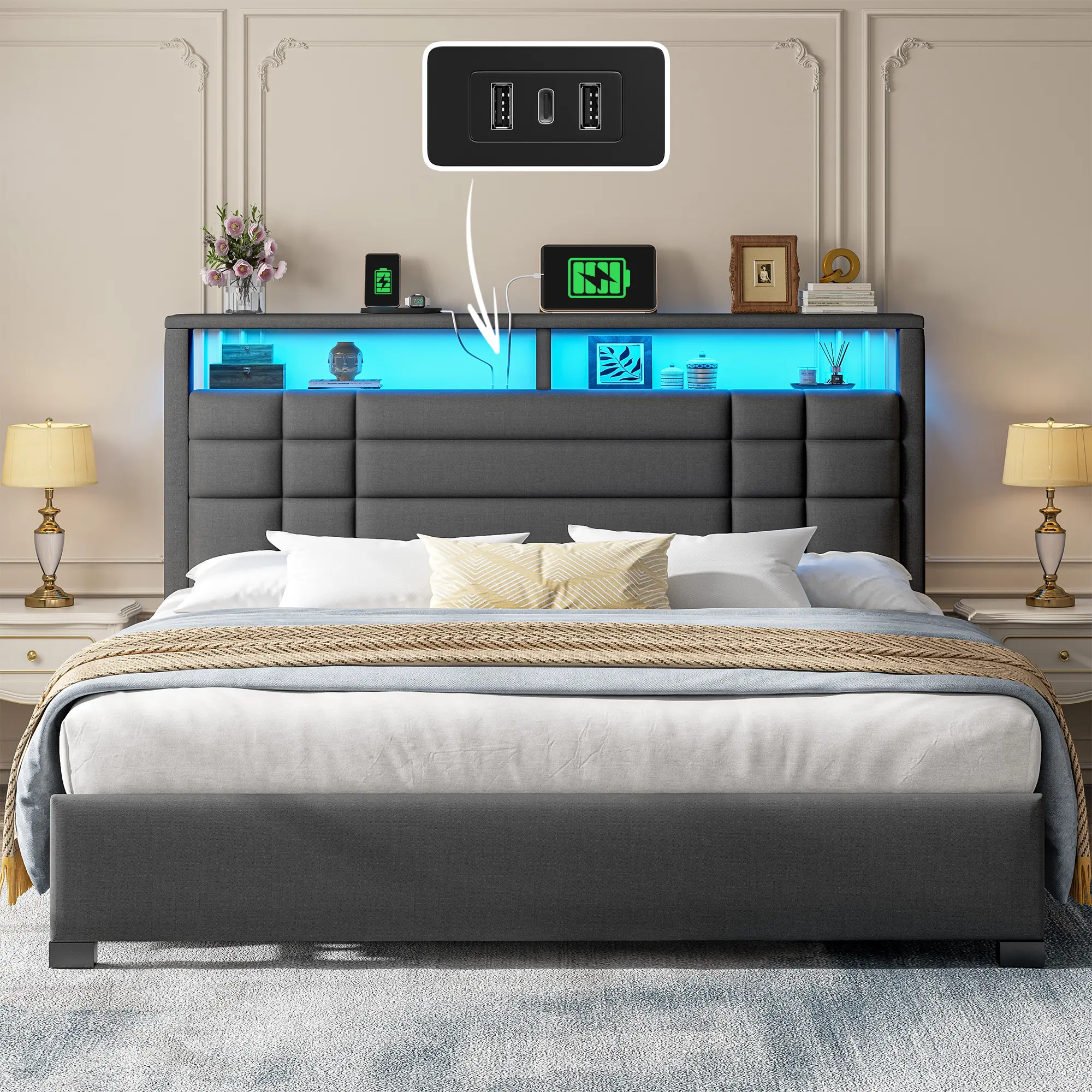 【Deals for you Days】Raybee King Size Bed Frame with Power Outlet & LED Light Strip, Modern Platform Luxury Bed Frames with Upholstered Headboard & 2-Tiers Shelves & Underbed Spaces, Metal Slats, No Noise, No Box Spring Needed,Easy to Assemble, Beige Gray