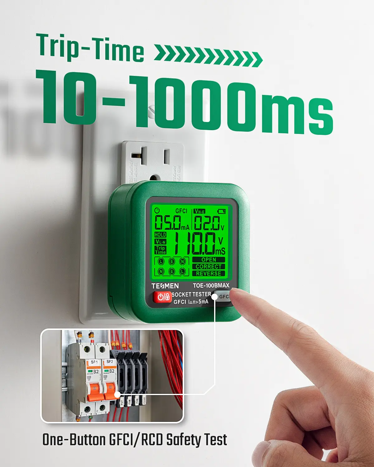 TESMEN TOE-100BMAX GFCI Outlet Tester with LCD Display – Smart Electrical Receptacle Tester with One-Click GFCI Trip Time Test, Voltage & Wiring Check, Backlit Fault Indicator, Data Hold & Battery Powered for Home Electrical Safety #summerfinds