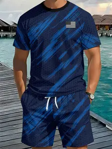 Men's Blues Star Striped Tracksuit 3D Digital Printed Two-piece Set, 2Pcs, Trendy Fashion Outfit, Retro Casual Two-piece Suit, Vacation-style Trendy Wear, Breathable Sports Casual Style, Perfect Holiday Gift for Men