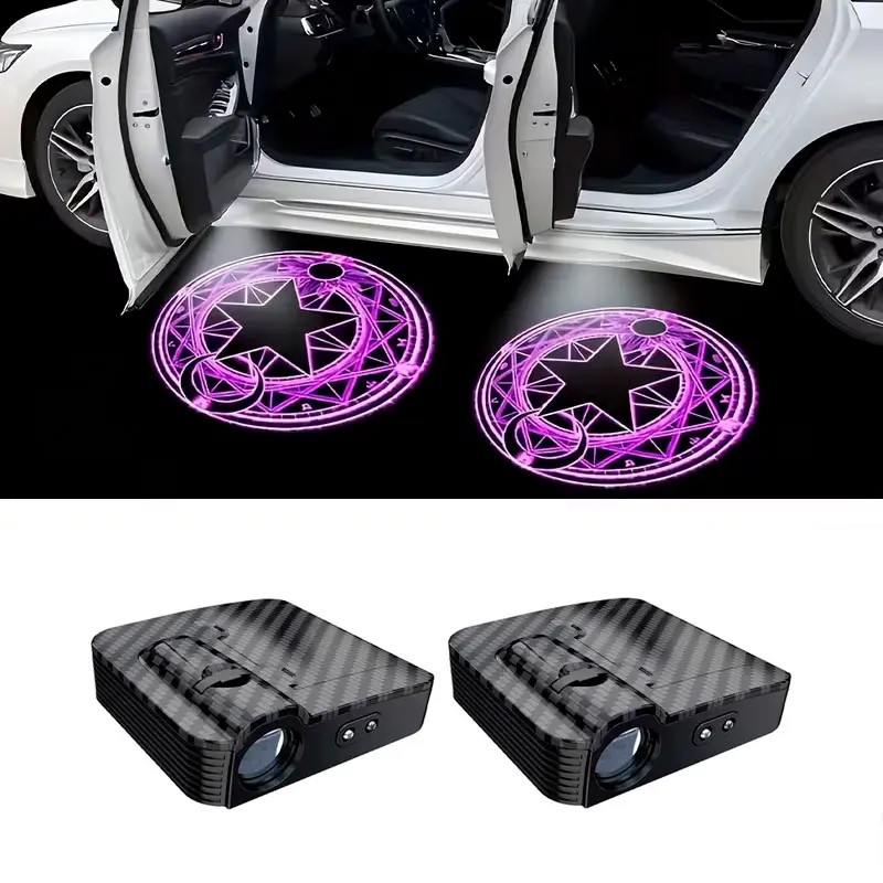 2-Pack Car Door Welcome LED Projection Lights, ABS Shell, Infrared Sensor, Auto Power Off, Universal Wireless Pink 5-Pointed Star Sun-Moon Shadow Pattern Lights for Various Car Brands rock lights