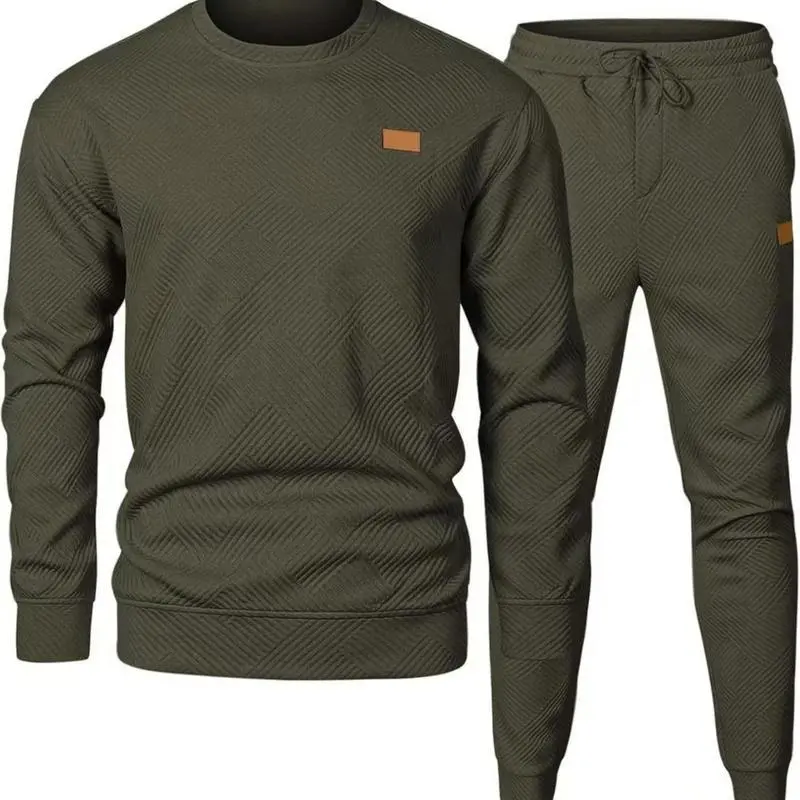 Men's 2-Piece Sports Sweat Suit - Crewneck Jacquard Sweatshirt & Joggers Set, Quality Classic Design, Athletic Matching Set, Casual Outfit for Fall Winter Sports & Outdoor Activities, 2 Piece Men's Sports Sweat Suit, Athletic Matching Set Men's Sports Swe