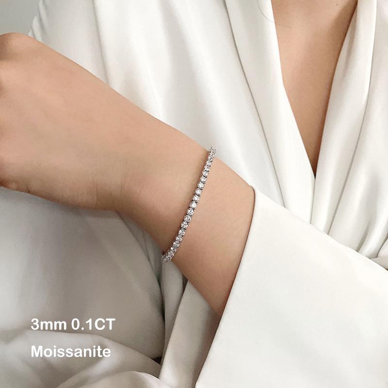 EWYA 925 Sterling Silver Moissanite Bracelet 0.1ct 3mm D VVS1 Diamond with GRA for Women Sparkling Wedding Party Fine Jewelry