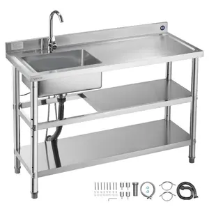 VEVOR Stainless Steel Utility Sink, Free Standing Single Bowl Commercial Kitchen Sink with Faucet and Hot Cold Water Pipe, Dual Storage Shelves for Garage, Restaurant, Laundry, 47.2x 19.7x 37 in