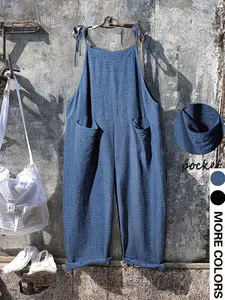 Plus Size Women's Jumpsuit, Adjustable Straps, Loose Fit, Front Pockets, Casual Style, Long Hem, All Seasons, Spring Summer Wear