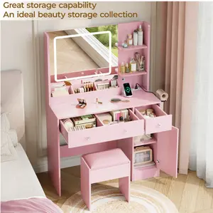 Vanity Desk with Mirror & Lights, GRWM Vanity Table with Drawers & Storage Shelves, Makeup Dressing Table with Stool & Charging, Pink