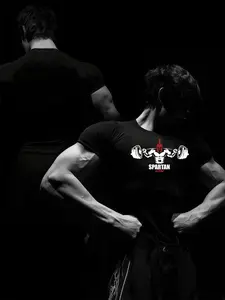 Men's Spartan Barbell Print Muscle T-Shirt, Elastic Short Sleeve, Slim Fit, Comfortable Compression Top, Casual Outdoor Sports Wear, Gym Performance Top, Gym Workout Shirt, Gym Shirts