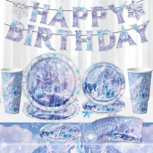 Ice Castle Theme Disposable Cutlery Set 51pcs, Includes 10 Dinner Plates, 10 Dessert Plates, 10 Cups, 20 Napkins, Tablecloth, Perfect for Camping, Picnics, Bbqs, Weddings, Birthdays
