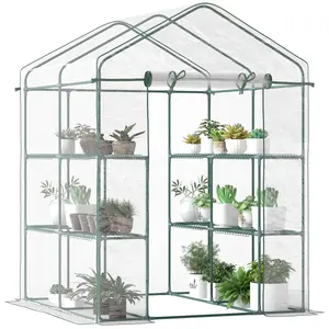 Outsunny 5' x 5' x 6' Mini Walk-in Greenhouse Kit, Portable Green House with 3 Tier Shelves, Roll-Up Door, and Weatherized Plastic Cover for Backyard Garden, Clear