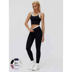 Women's Two-Piece Colorblock Yoga Set, High-Waisted Ribbed Casual Fitness Sportswear, Versatile Gym Workout, Yoga Tracksuit Set