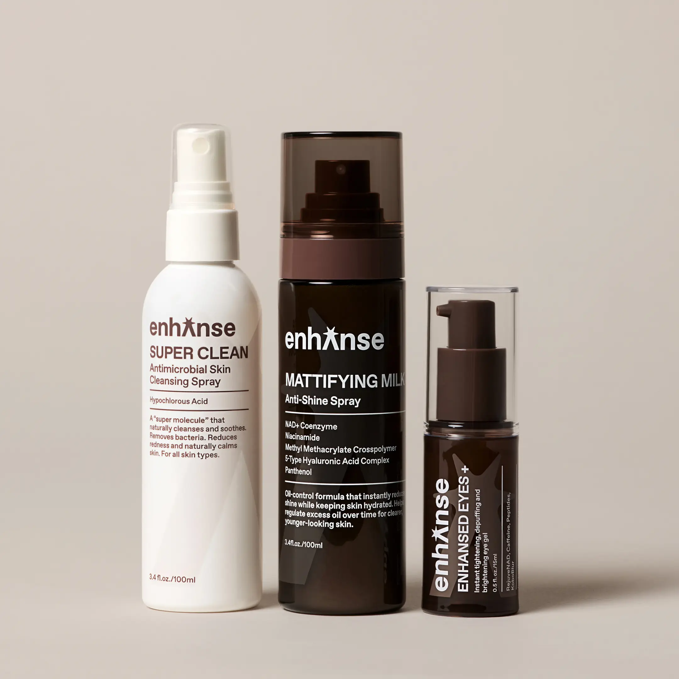 Enhanse Skin Performance Routine, Super Clean Face Mist, Under Eye Gel, & Mattifying Milk Anti Shine Matte Spray for Men & Women