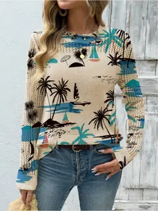 Women's Plant Landscape Print Stand Collar Sweater, Fall Winter Casual Long Sleeve Knitwear, Comfortable Warm Fitted Top