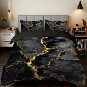 2/3 Pcs Gold Pattern Black Rock Art Texture Ultra-High-Definition Digital Printed Quilt Cover Set(1* Quilt Cover+1/2* Pillowcase,No Inner Core),100% Polyester Fiber,Suitable For All Seasons,Machine Washable,Perfect Gift For Family, Bedroom Bedding Set