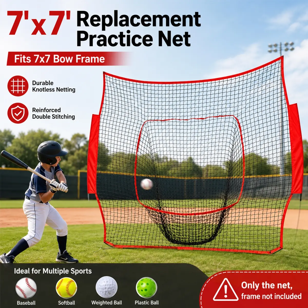 7'x7' Baseball and Softball Practice Net Portable for Hitting Pitching Batting Catching, for All Skill Levels, Durable Outdoor Sports Equipment,Hitting Pitching Net ,Softball Practice Net(Only the net without the frame) Hitting Net Training Aid