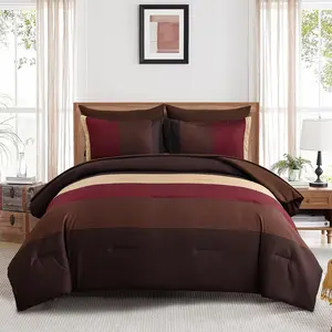 Red and Brown Comforter Set  Size, Boho Burgundy Striped Bedding Comforter Set 7 count Bed in a Bag, Soft Microfiber Down Alternative Farmhouse Bedding Set for  Season(90"x90")