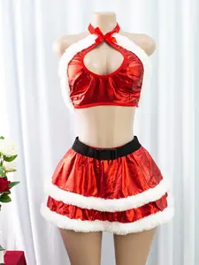 Plus Size Women's Faux Rabbit Fur Lingerie Set with Skirt and Panties, Bow Collar Design, Fashion Casual Accessory, Perfect Gift