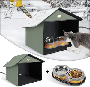 Cat Feeding Station with Heated Cat Water Bowl, Weatherproof Kitty Dining Room Outdoor with Heated Pet Bowl for Food and Water, Feral Cat Feeding Station Cat Shelter(Grey) pet  supplies