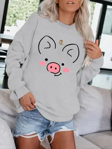 Women's Casual Fitted Pullover Sweatshirt with Pig Print, Round Neck, All-Season Knitted Fabric, Comfortable Everyday Wear