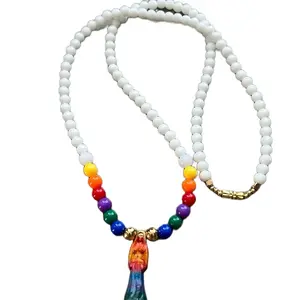 Santa Muerte 7 Powers Necklace 15 Inches Long with 1.5 Inch Pendant, Stainless Steel Gold Beads, Unique Design for Symbolic Jewelry