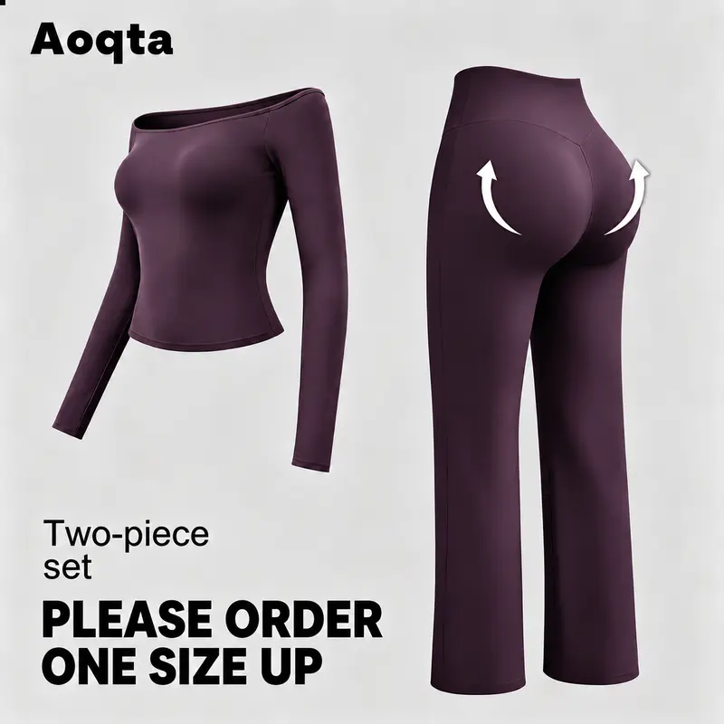 Aoqta Women's 2-Piece Fitness Workout Set - Quick-Dry Off-Shoulder Long-Sleeve Top & Loose High-Waisted Ankle-Length Flared Pants (Size Up Recommended, Off Shoulder Tops, Workout Sets Women)