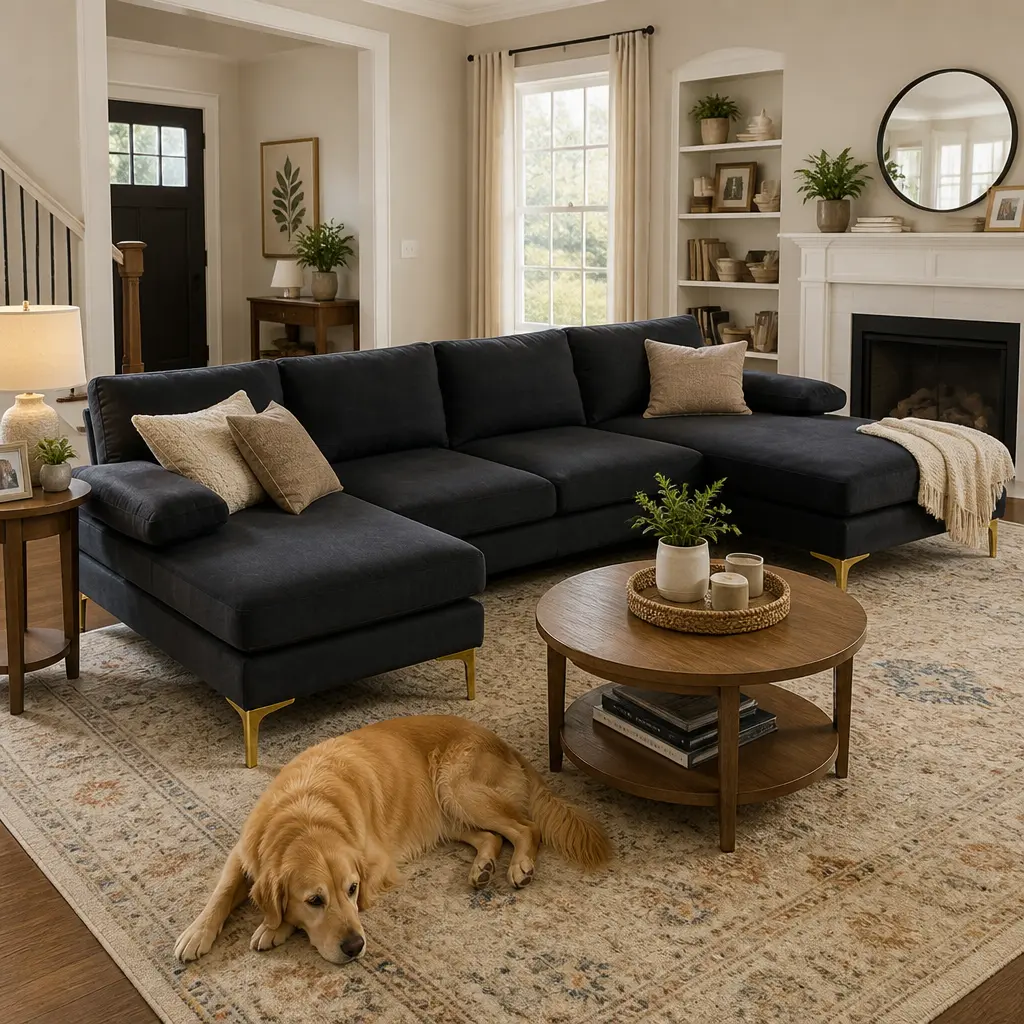 Modern U-Shaped Sectional Sofa Linen 4-Seat Modular Couch with Gold Legs Living Room Sectional
