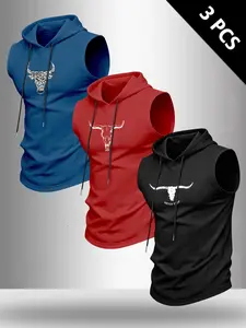 Men's Summer Hooded Drawstring Sports Tank Top 3-Pack, Breathable Sleeveless Design, Bull Head Pattern, Ideal for Outdoor, Fitness, Casual Wear, Sleeveless Sports Vest, Sleeveless Workout Vest